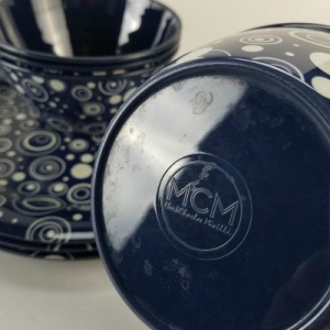 MCM blue melamine dinner plates and soup bowls