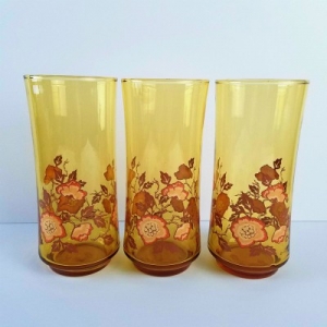 libbey franco glass tumblers amber and pink floral