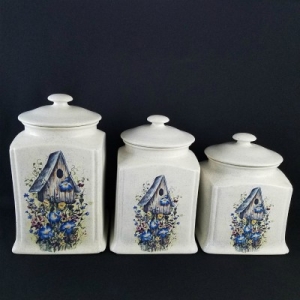 stoneware blue floral birdhouse canister set