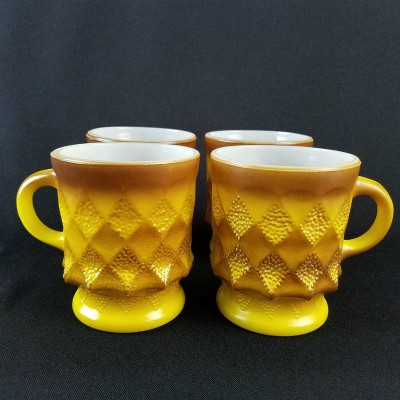 Anchor Hocking Kimberly Diamond Pattern Yellow Brown Mugs - Beckalar