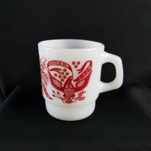 fire king pluribus red milk glass mug