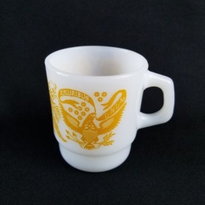 fire king yellow pluribus milk glass mug