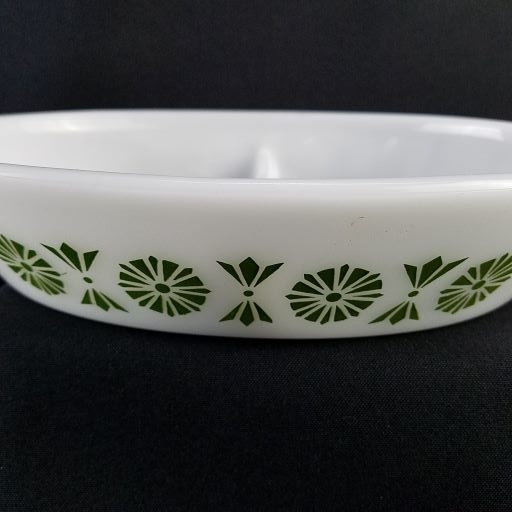 Vintage Glasbake J2352 Milk Glass Oval Divided Serving Baking Dish